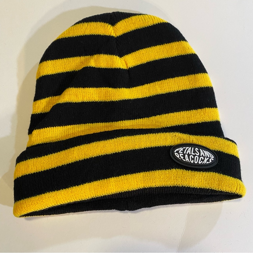 Striped beanie, by Petals and Peacocks, NWOT, 8” cuffed, 8 1/2” wide. Acrylic
